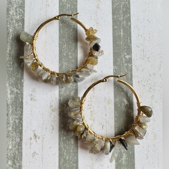 New Natural Labradorite Stone Wire Wrapped Gold Tone Hoop Earrings - 2” - Picture 2 of 9